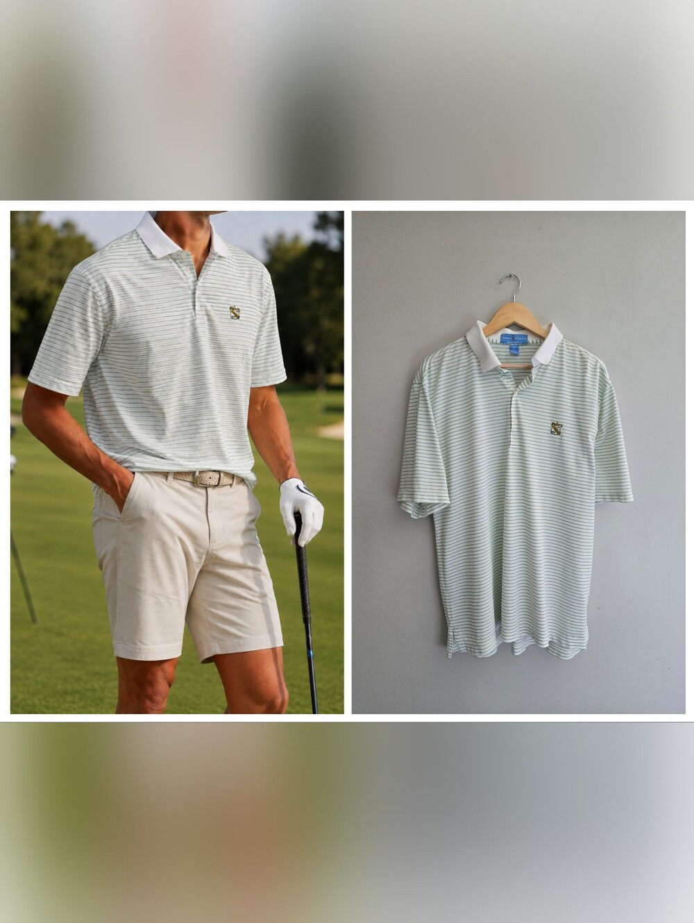 Fairway & Greene Pureformance Golf Polo L Green White Stripe Preppy Country Club